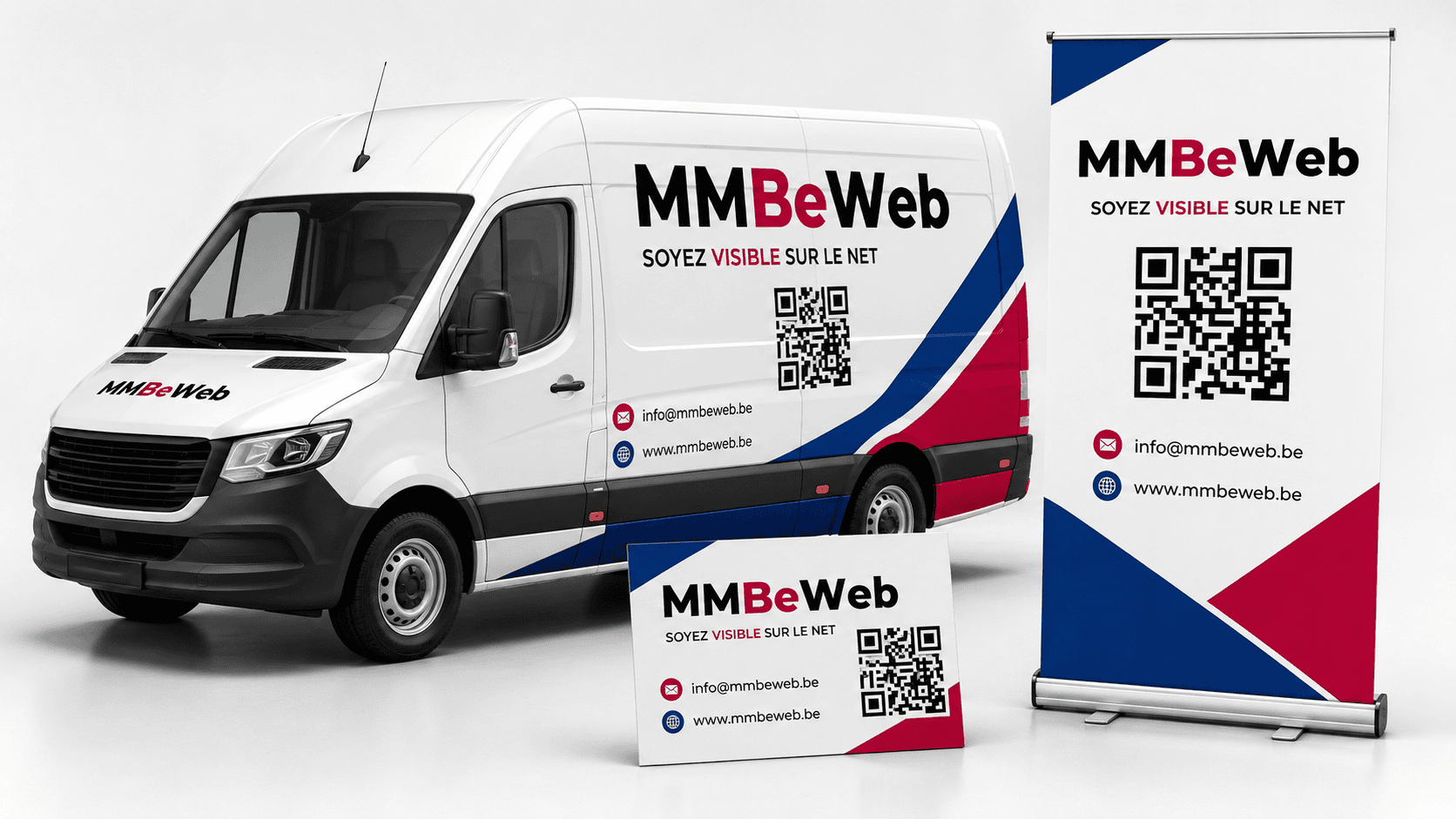 Exemples de QR codes MMBeWeb sur une camionnette, une carte de visite et une bâche publicitaire